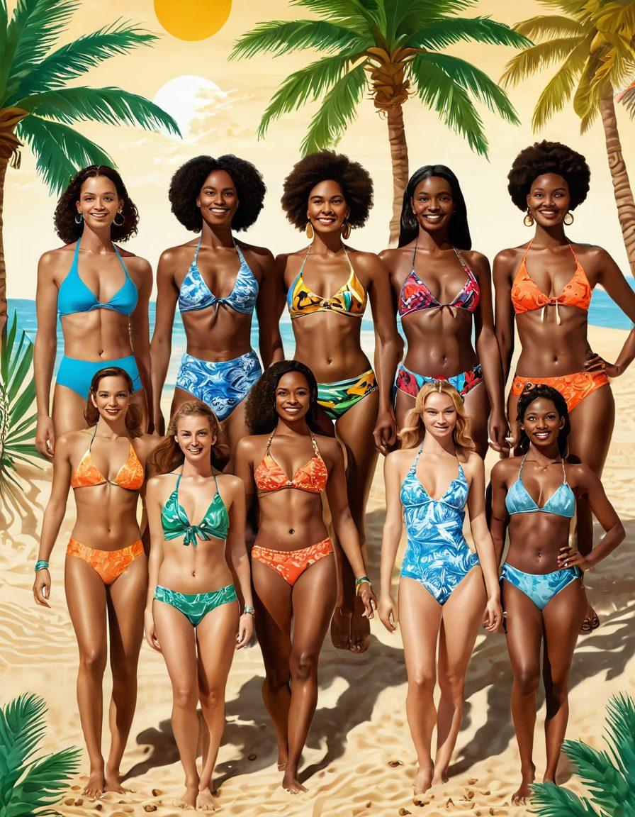 A vibrant beach scene featuring women of diverse backgrounds showcasing an array of historical and modern swimwear, intertwined with cultural motifs. The backdrop includes ancestral symbols subtly integrated into the sand and waves. Sunlight filters through palm trees, casting playful shadows. Emphasize joy, unity, and authenticity. colorful illustration. super-realistic. bright colors.