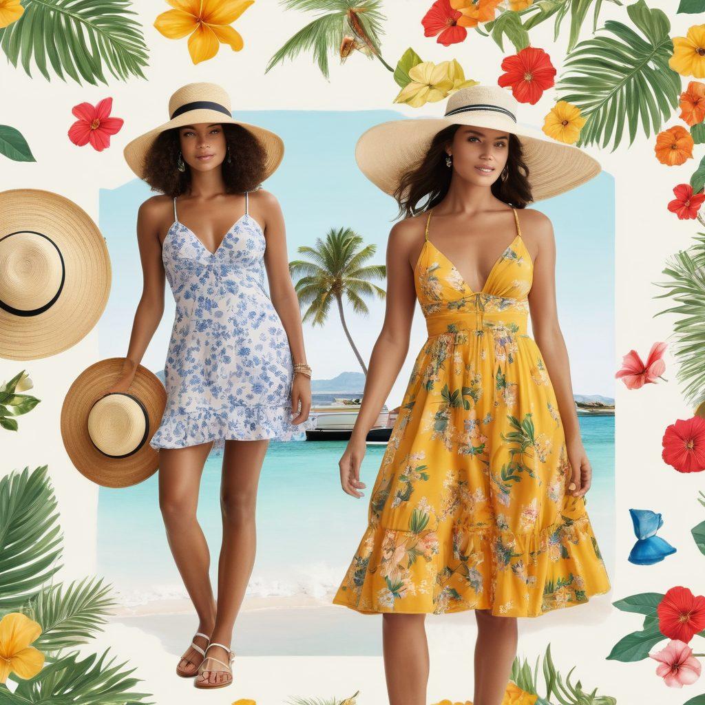 A vibrant collage illustrating the evolution of women's summer fashion, featuring iconic bikini styles merging seamlessly with elegant summer dresses, framed by a sunny beach backdrop. Include elements like floral patterns, sun hats, and playful accessories that signify freedom and femininity, with a subtle hint of lineage represented by intertwined family trees. super-realistic. vibrant colors. white background.
