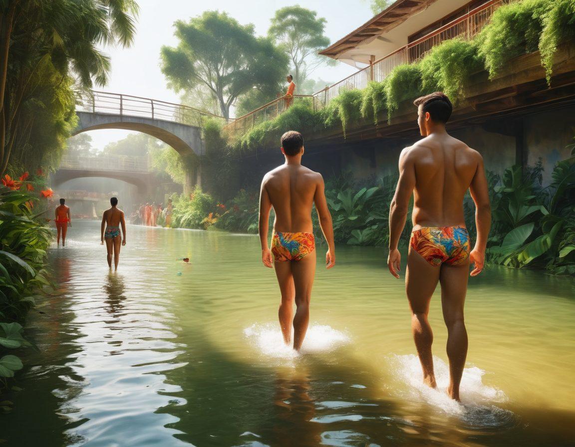 A visually striking scene depicting a serene river where ancestral figures in traditional swim attire interact with modern swimmers dressed in colorful, contemporary swimwear. The background features a blend of lush greenery symbolizing ancestral heritage and sleek urban structures representing modernity, with splashes of water being kicked up joyfully. The image should convey a sense of connection across time, with warm sunlight illuminating the scene. super-realistic. vibrant colors. white background.
